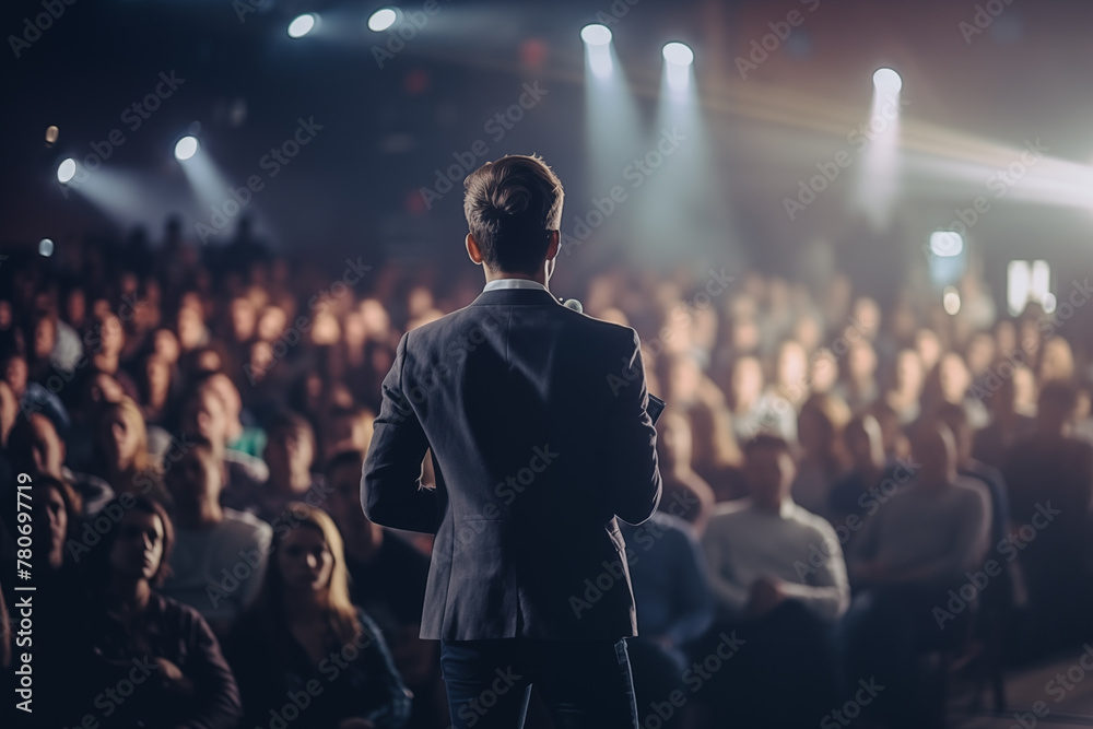 Speaker addressing a large audience at a conference, with bright stage lights and a focused atmosphere Speaker addressing a large audience at a conference, with bright stage lights and a focused atmosphere