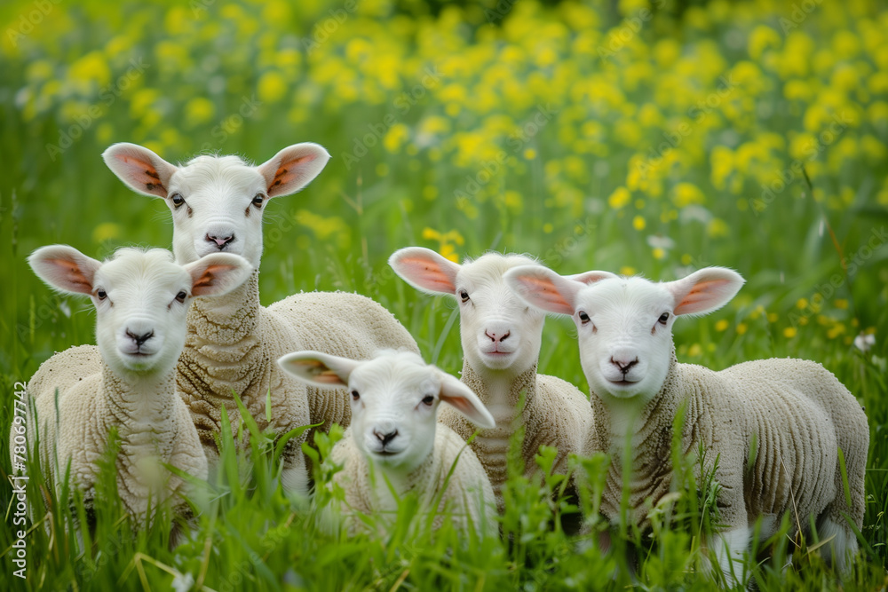 Flock of lambs in a flower meadow looking curious Flock of lambs in a flower meadow looking curious