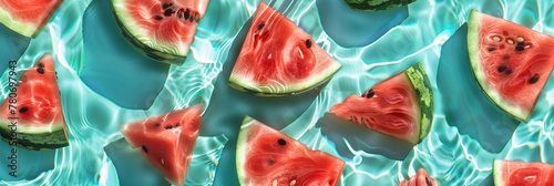 juicy watermelon slices pattern on a shallow turquoise water background
