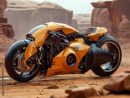 Sci-fi motorcycle with AI navigation exploring uncharted territories photo