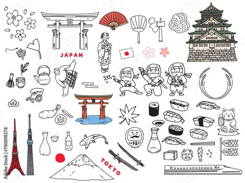 日本の手書きイラスト(東アジア、旅行、文化、観光)