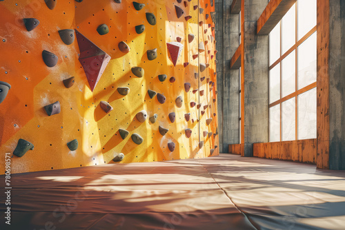 Empty indoor rock climbing wall room interior. Rock climbing training and education center, copy space. 