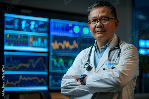 Portrait of confident doctor and monitor show business data or financial company information, investing in healthcare stock and fund