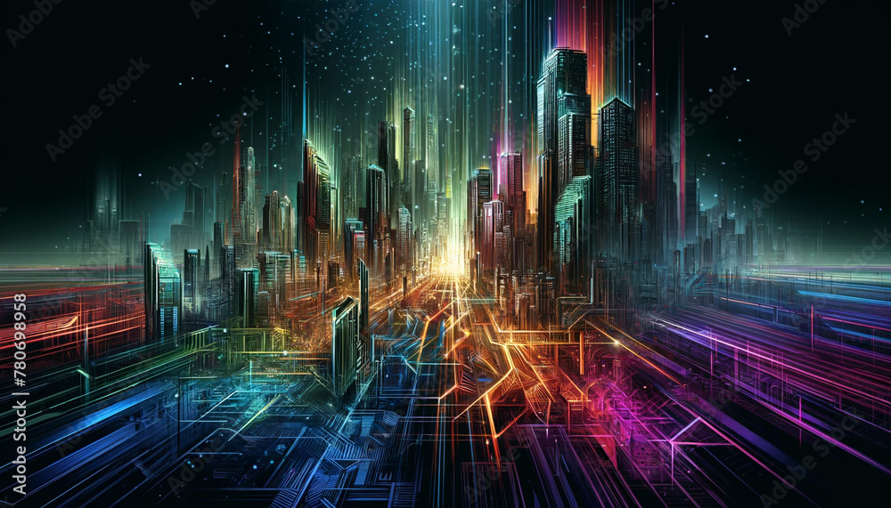A futuristic cyberpunk cityscape, abstracted into neon lines and geometric shapes against a dark, atmospheric background A futuristic cyberpunk cityscape, abstracted into neon lines and geometric shapes against a dark, atmospheric background