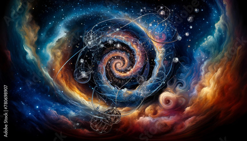 A conceptual abstract depicting the chaos and order of the universe, with swirling galaxies and atomic particles in a cosmic dance