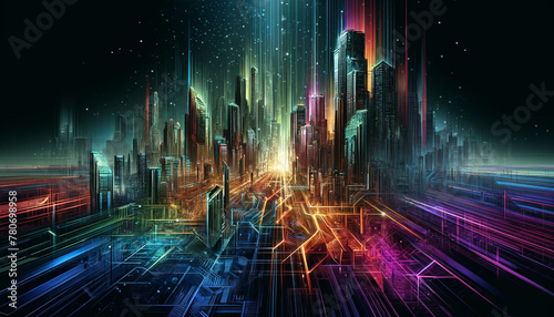 A futuristic cyberpunk cityscape, abstracted into neon lines and geometric shapes against a dark, atmospheric background