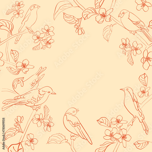 rosy background with birds on branches. Vector banner. Floral illustration. Spring garden.