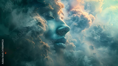 Abstract clouds form sleeping girl's face: Fantasy animation, dreamy journey, surreal dreams concept.