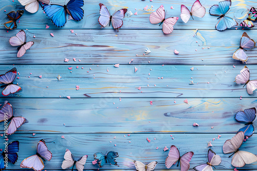 A collection of colorful paper butterflies is artfully scattered across a blue wooden background, flippable horizontally, space for ad copy, multi-use
