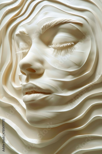 A sculpture depicting the face of a woman with wavy hair. The intricate details of the facial features are captured in the sculpture