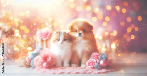 Kitten with Christmas background pastel colour & Christmas decorate, light bokeh