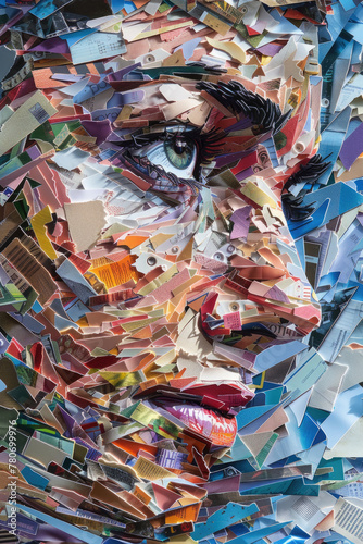 An intricate collage featuring a womans face constructed from various pieces of paper