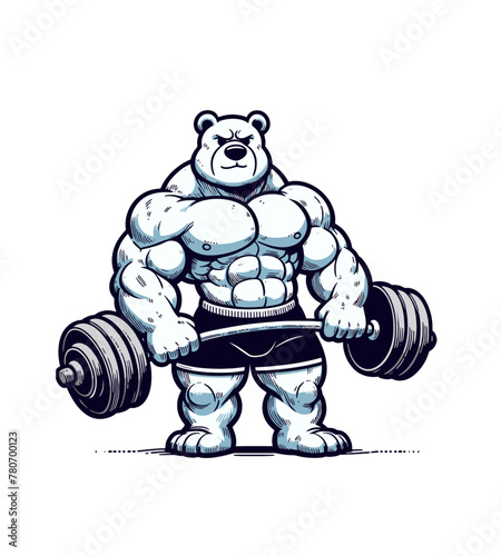 huge cartoon bear powerlifter holding barbell vector isolated illustration