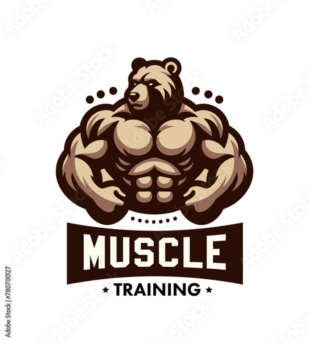 Shredded bear bodybuilder flexing muscles sports logo mascot isolated illustration
