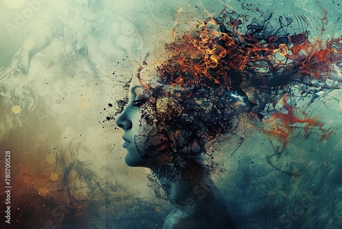 The image of a woman personifying a hypnotically altered consciousness. Each part expresses different emotions, internal conflict and emotional experiences in different situations. Copy space. Banner