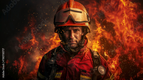 portrait of Firefighter with wildfire disaster on background .