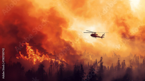 Helicopter flying above wildfire situation .
