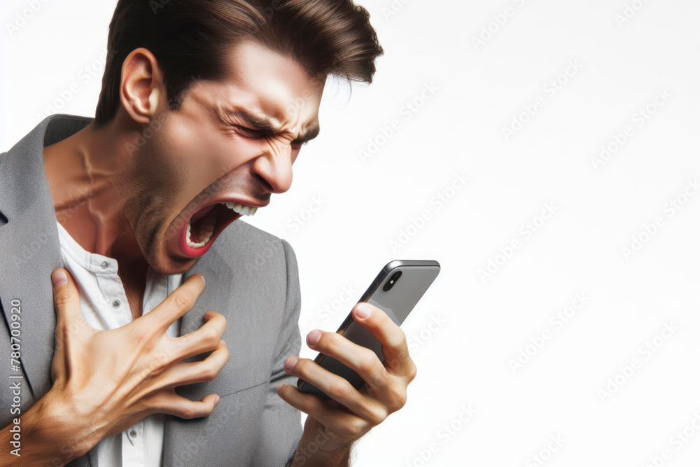 A man screams emotionally into his smartphone isolated on a white background A man screams emotionally into his smartphone isolated on a white background