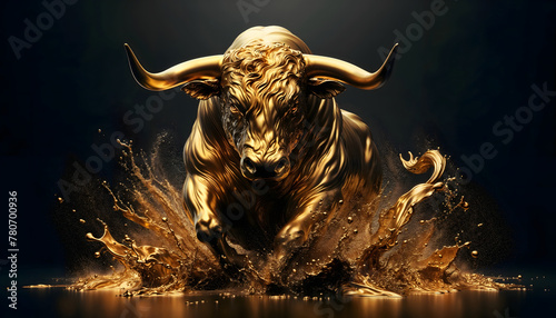 Gold Bull Splashing in liquid gold. bull market concept
