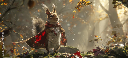 A whimsical squirrel adorned with a red cloak stands on a forest floor surrounded by golden autumn leaves photo