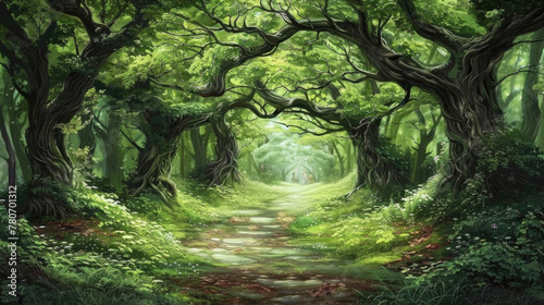 Painting depicting a narrow path cutting through a dense forest, with sunlight filtering through the trees onto the foliage-covered ground