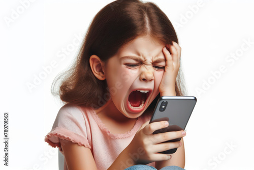 A kid screams emotionally into smartphone isolated on a white background