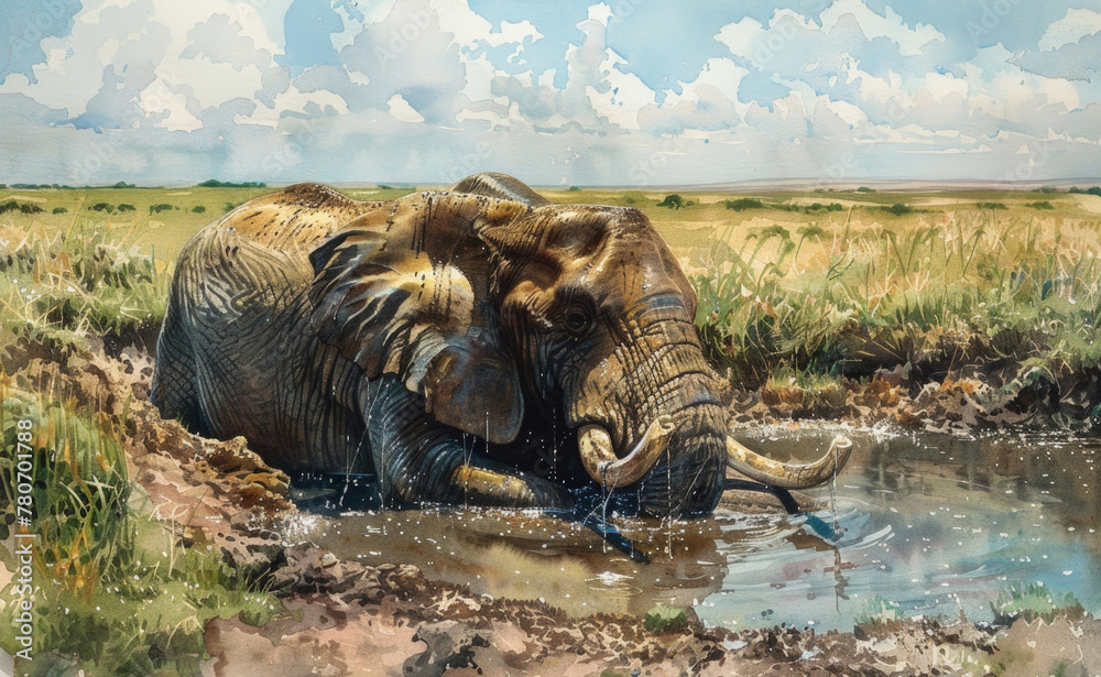 Fototapeta premium A realistic painting depicting an elephant leaning down to drink water from a river