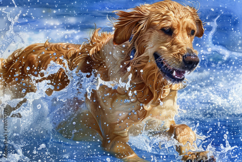A dog splashing through a body of water as it runs energetically through the shallow stream