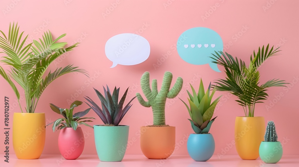 Fototapeta premium Plants on social media platforms, chatting with colorful speech bubbles isolate on cute soft pastel color background