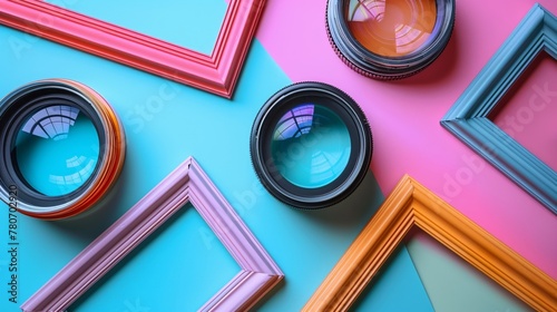 Picture frames capturing selfies, inverting the lens on art isolate on soft color background photo