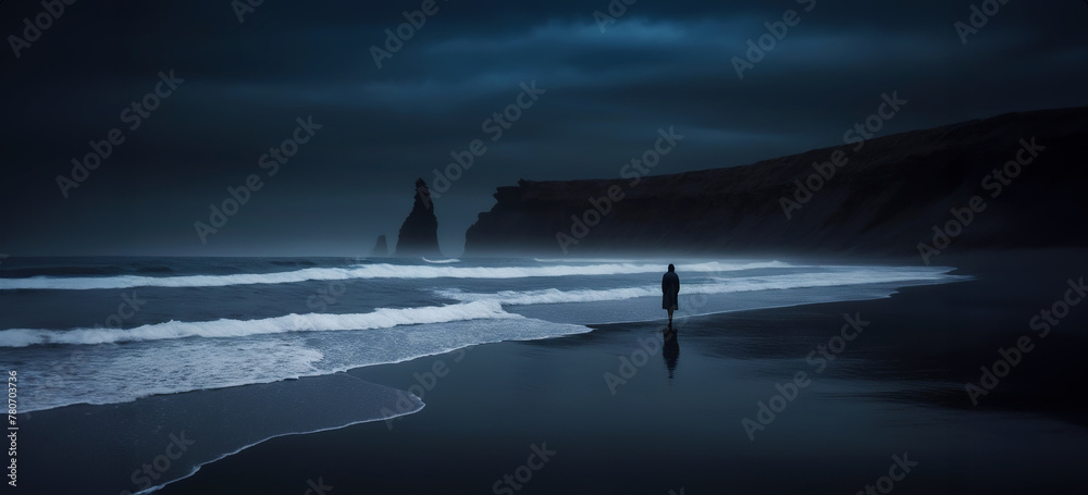 sagoma di figura umna che cammina solitaria su una spaiggia scura sotto un cielo invernale - obrazy, fototapety, plakaty 