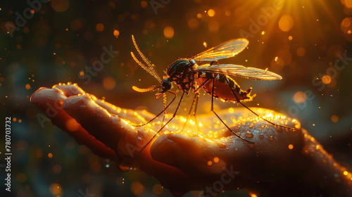 Artistic rendering of a single mosquito landing on a hand depicted in a villainous style photo