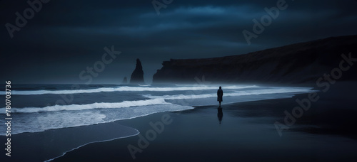 sagoma di figura umna che cammina solitaria su una spaiggia scura sotto un cielo invernale photo