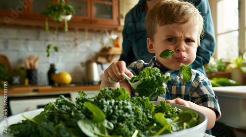 Candid shot of a young child pushing away a bowl filled with spinach and kale making a face of disgust