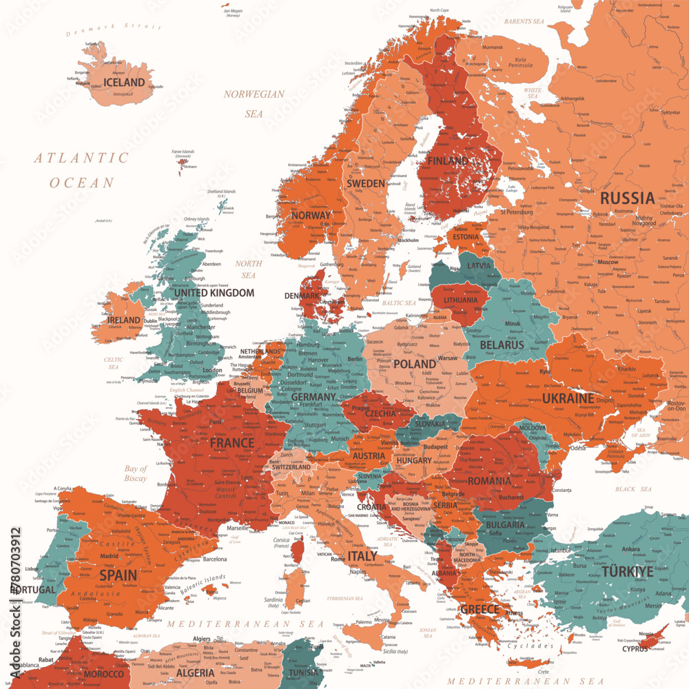 Naklejka premium Europe - Highly Detailed Vector Map of the Europe. Ideally for the Print Posters. Terracotta Colors