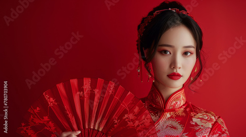 Depict a charming scene in a photography studio where a young woman in a red cheongsam holds a matching fan