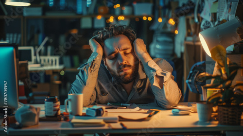 Candid shot of an office worker dozing off in front of their computer screen with post-it notes stuck on the monitor and documents scattered around