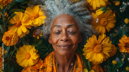 Warm, stylized illustration of an elderly woman with a radiant smile, pampering herself with natural skincare products, surrounded by an aura of flowers and herbs