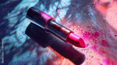 tube of pink gliter lipstick lying on a surface, illuminated by light casting dramatic shadows photo