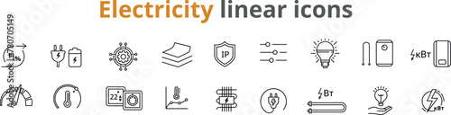 Set of vector icons on the theme of electronics and electricity. Linear vector icons on a white background. Can be used for web and technical documentation.