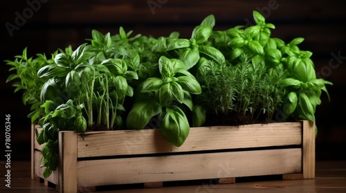Crate showcasing a collection of aromatic basil and rosemary herbs