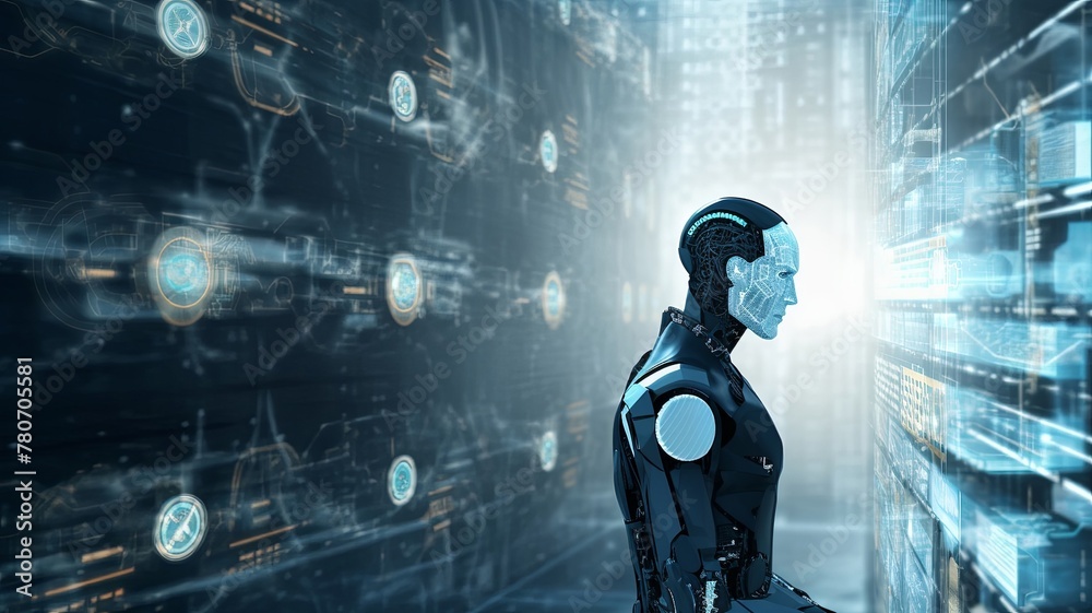 Graphic illustration of a humanoid android robot holding a robotic sphere eye and standing in front of a giant machine system hologram wheel technology data graphic, futuristic concept. Graphic illustration of a humanoid android robot holding a robotic sphere eye and standing in front of a giant machine system hologram wheel technology data graphic, futuristic concept.