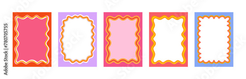 Set of Retro FRAMES WITH DOODLE orange, RED, PINK curvy squiggly wavy. Wave scalloped edge frame. Cute curved frame box. Trendy  vector template for greeting card, poster,  invitation, social media po photo