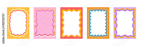 Set of Retro FRAMES WITH DOODLE orange, RED, PINK curvy squiggly wavy. Wave scalloped edge frame. Cute curved frame box. Trendy  vector template for greeting card, poster,  invitation, social media po photo