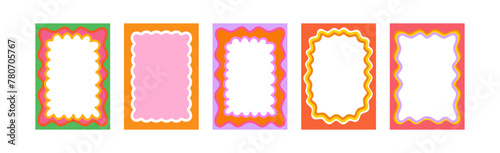 Set of Retro FRAMES WITH DOODLE orange, RED, PINK curvy squiggly wavy. Wave scalloped edge frame. Cute curved frame box. Trendy  vector template for greeting card, poster,  invitation, social media 