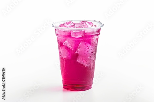 Highball glass with pink liquid, ice cubes on white background