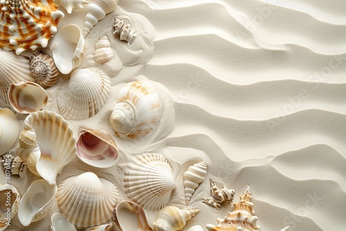 a pile of sea shells sitting on top of a sandy beach © Mari