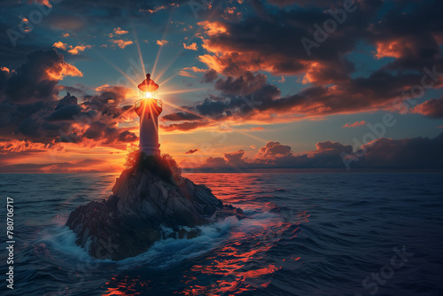 Eine Leuchtturm auf einer Insel mit sonnigem Hintergrund auf dem Meer photo