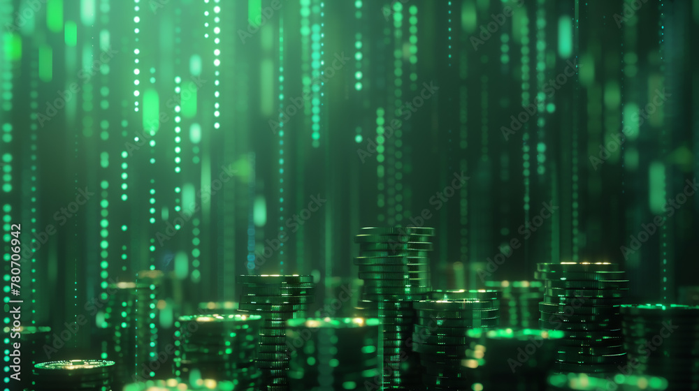 a financial theme depicted by coins stacked in ascending order against a backdrop of a glowing green digital graph. a financial theme depicted by coins stacked in ascending order against a backdrop of a glowing green digital graph.