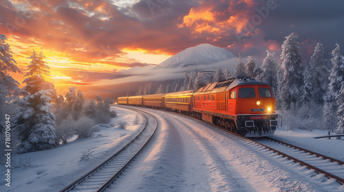 train in the snow at sunset